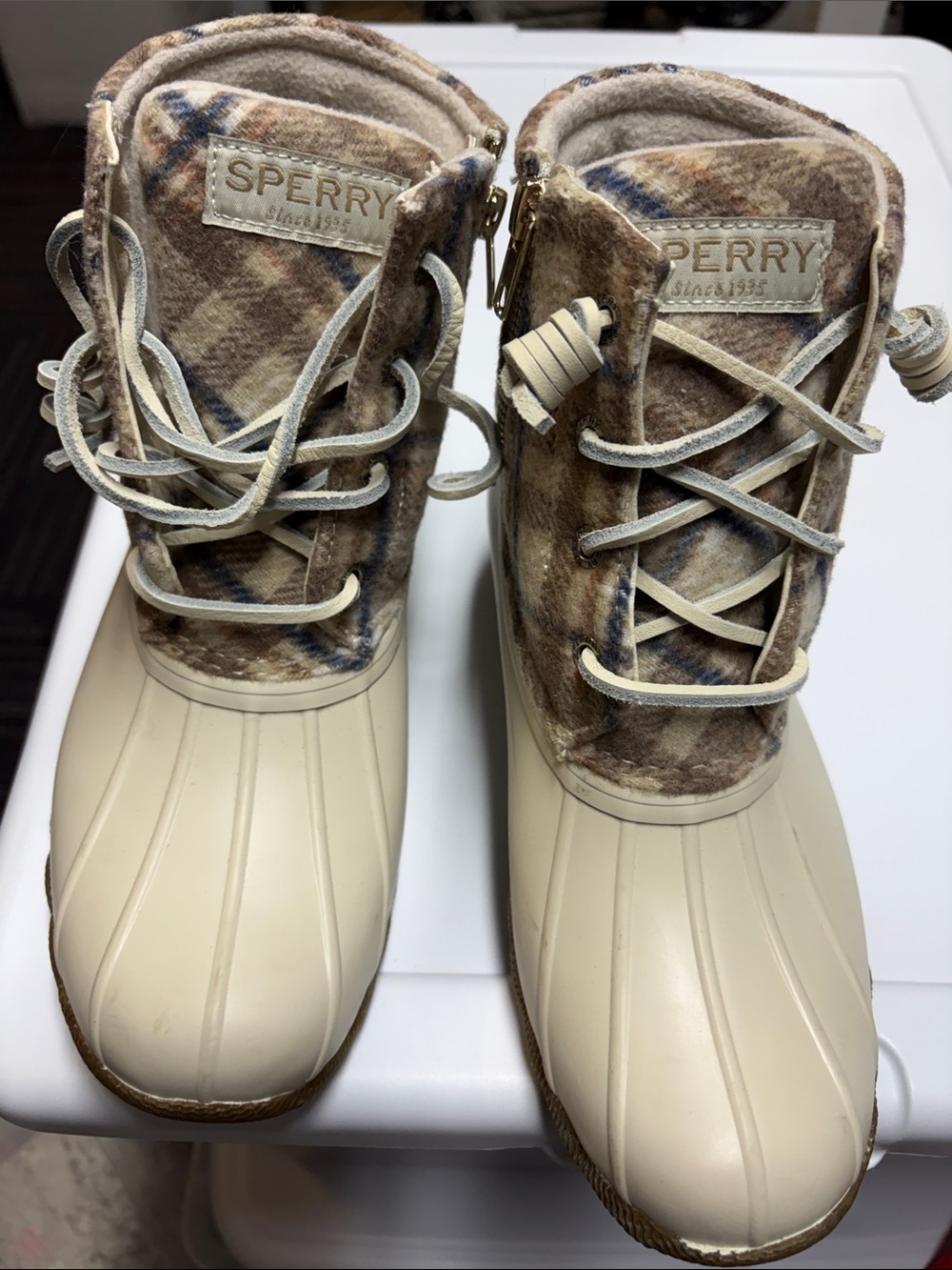 Sperry Cream Plaid Lined Duck Boots